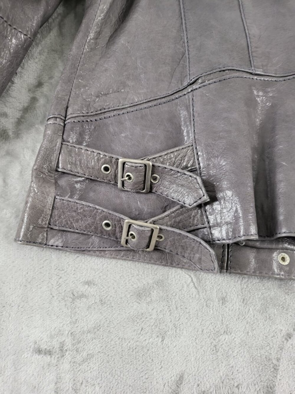 Vintage COLLEZIONE Genuine Leather Metallic Gray Moto Styling Jacket Size L - Picture 8 of 11